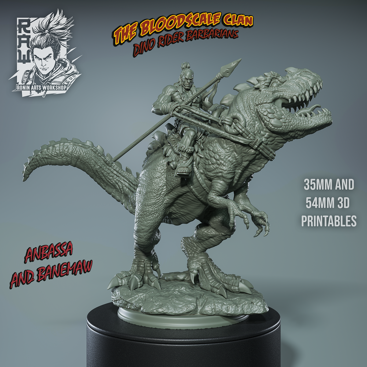 Resin Miniature - Anbassa and Banemaw - Barbarian riding a Giganotosaurus