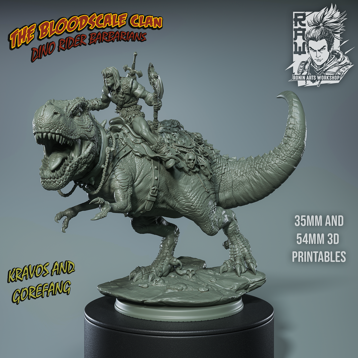 Resin Miniature - Kravos And Gorefang - Barbarian riging on T-Rex