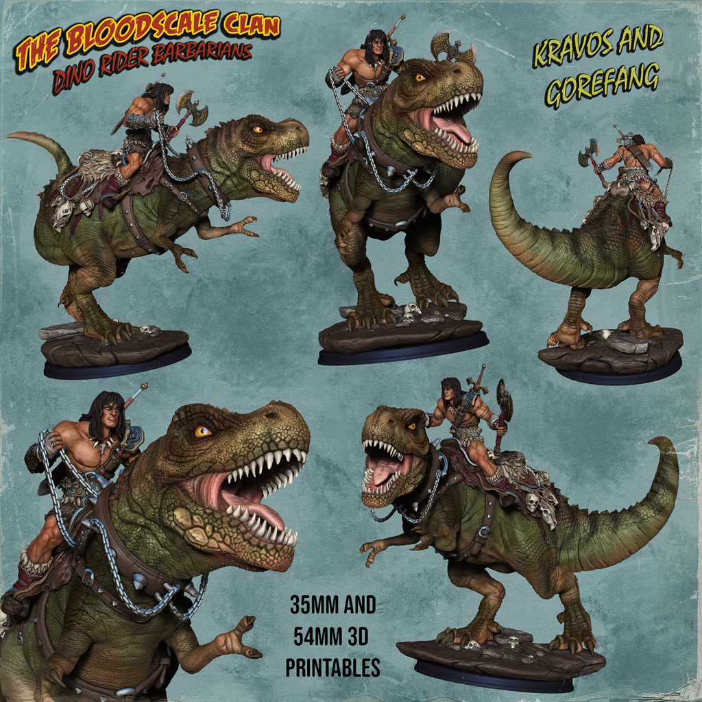Resin Miniature - Kravos And Gorefang - Barbarian riging on T-Rex