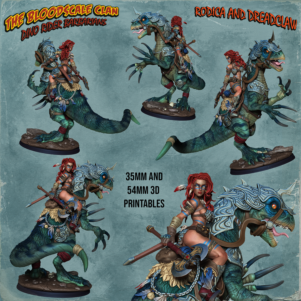 Resin Miniature - Rodica And Dreadclaw - Female Barbarian riding on therizinosaurus