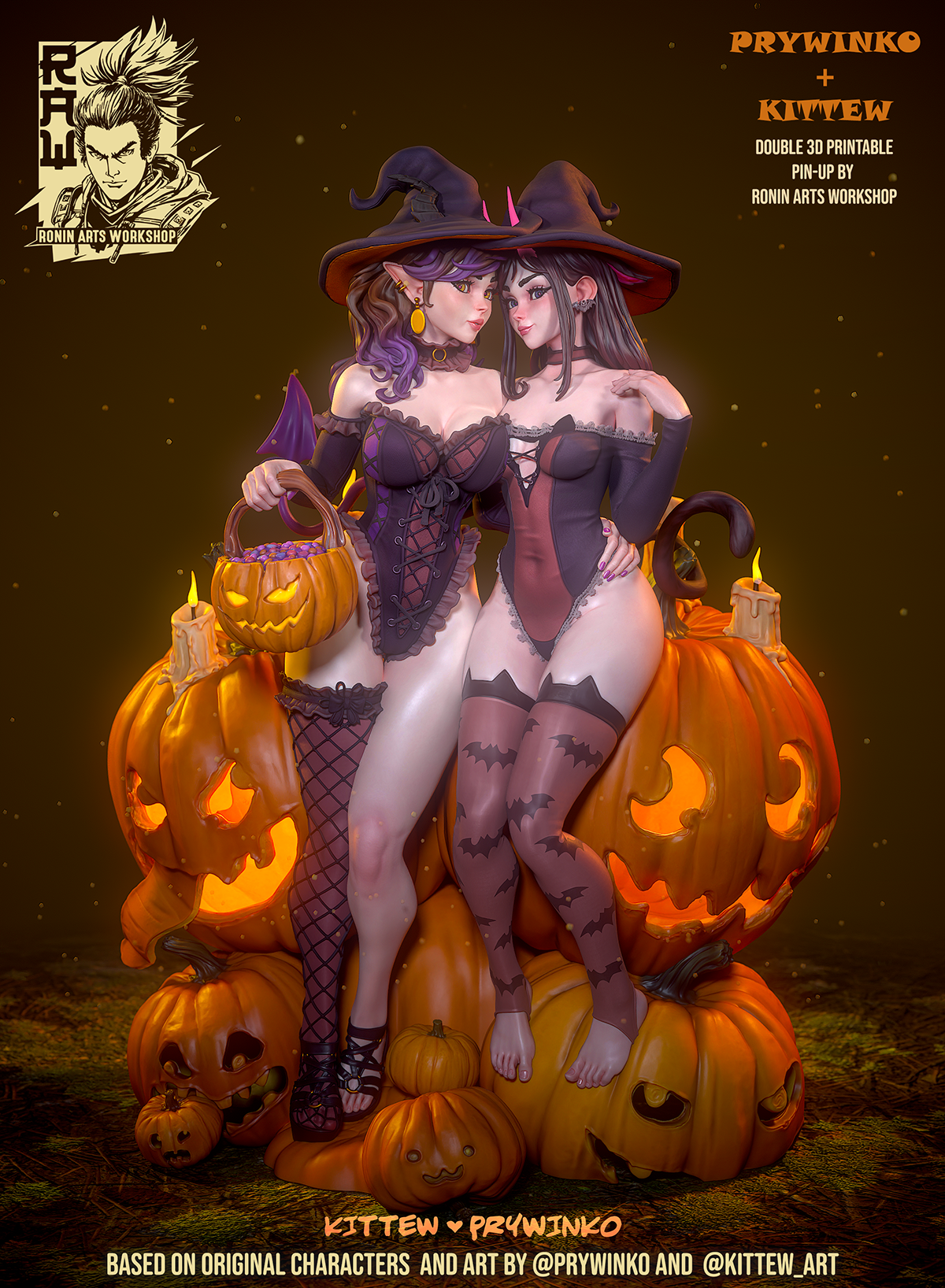 Resin Miniature - Prywinko and Kittew - Halloween Witches Pin-Up