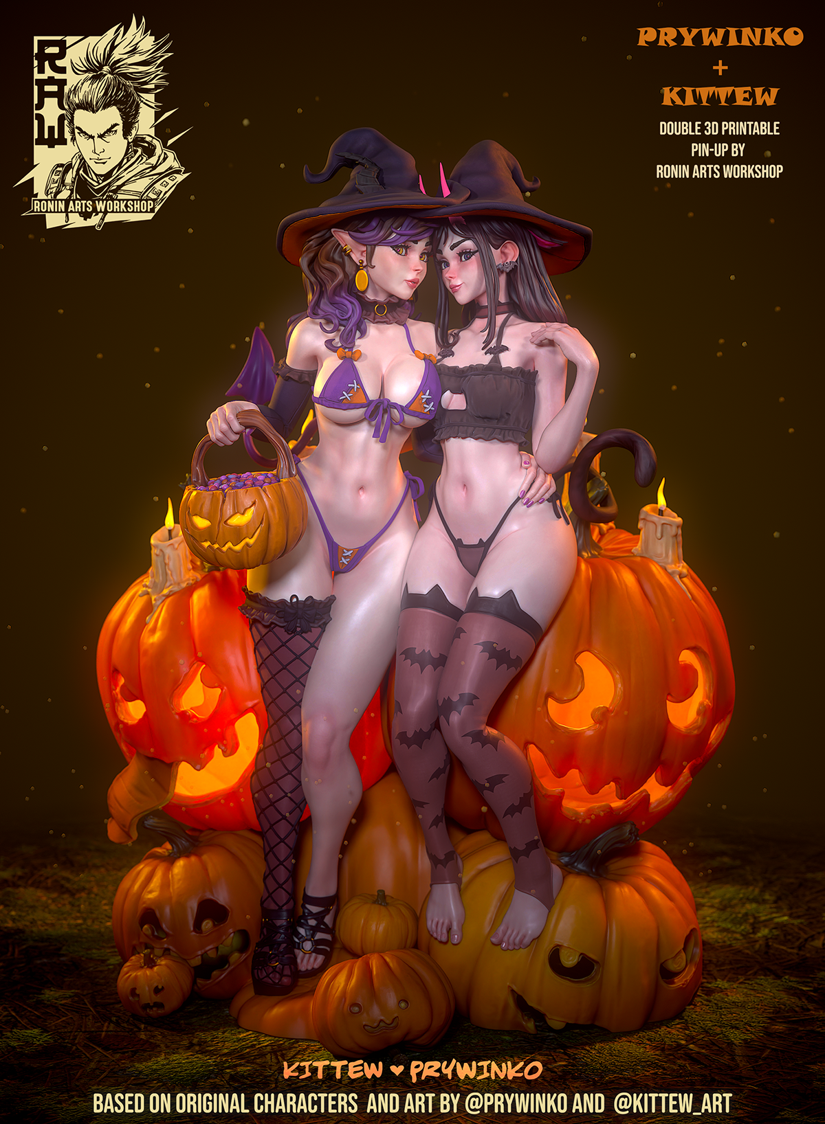 Resin Miniature - Prywinko and Kittew - Halloween Witches Pin-Up
