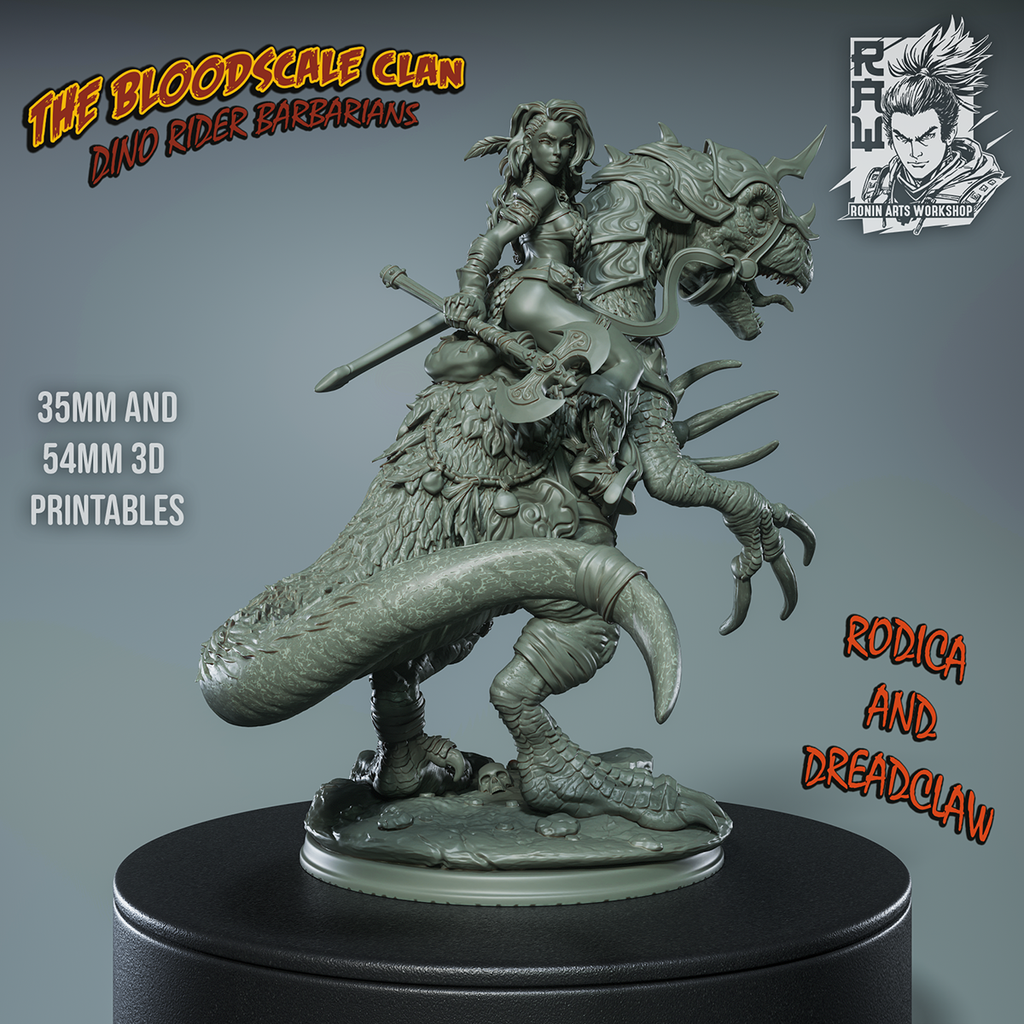 Resin Miniature - Rodica And Dreadclaw - Female Barbarian riding on therizinosaurus
