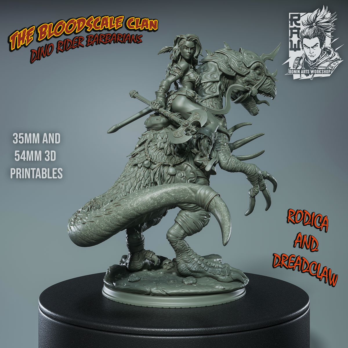 Resin Miniature - Rodica And Dreadclaw - Female Barbarian riding on therizinosaurus