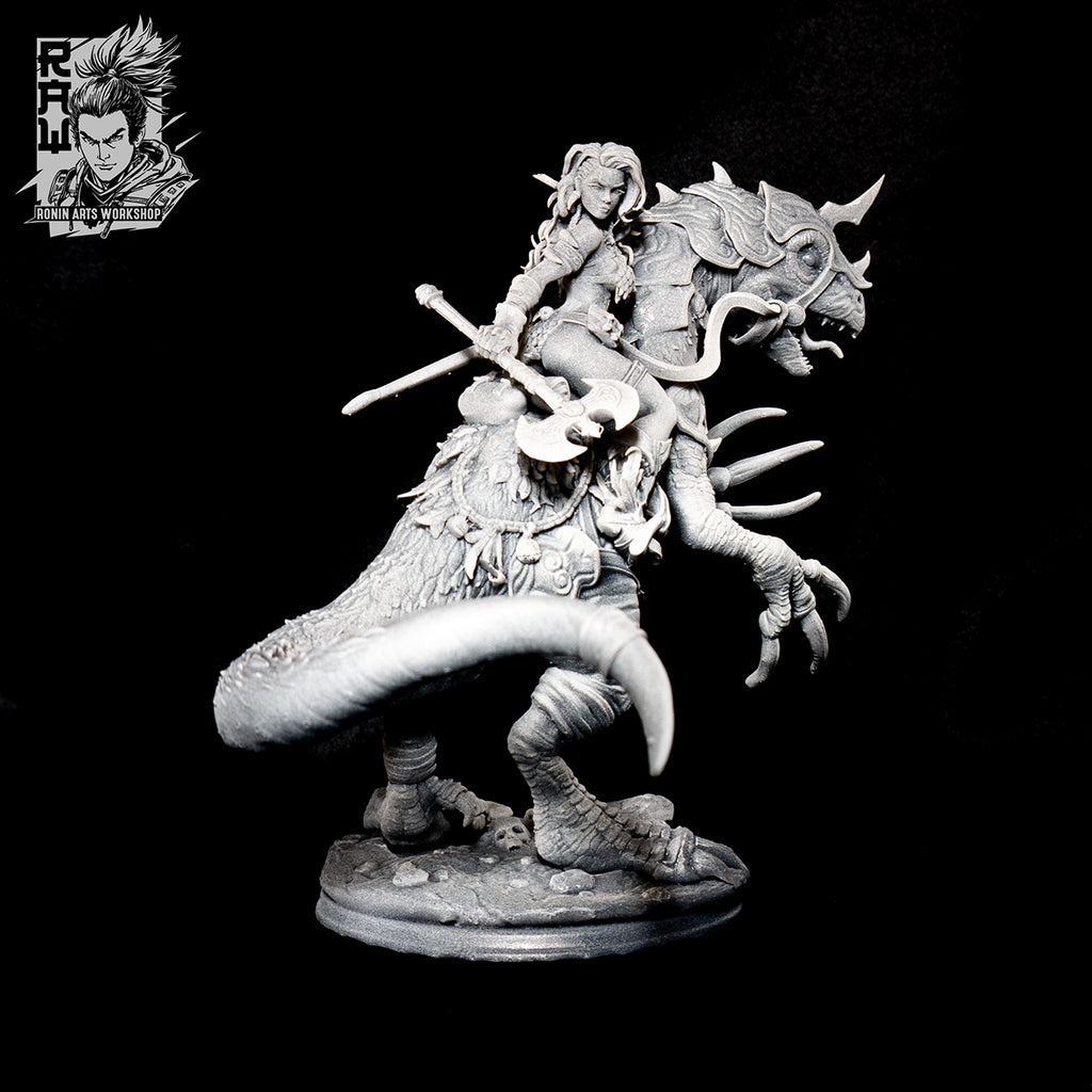 Resin Miniature - Rodica And Dreadclaw - Female Barbarian riding on therizinosaurus