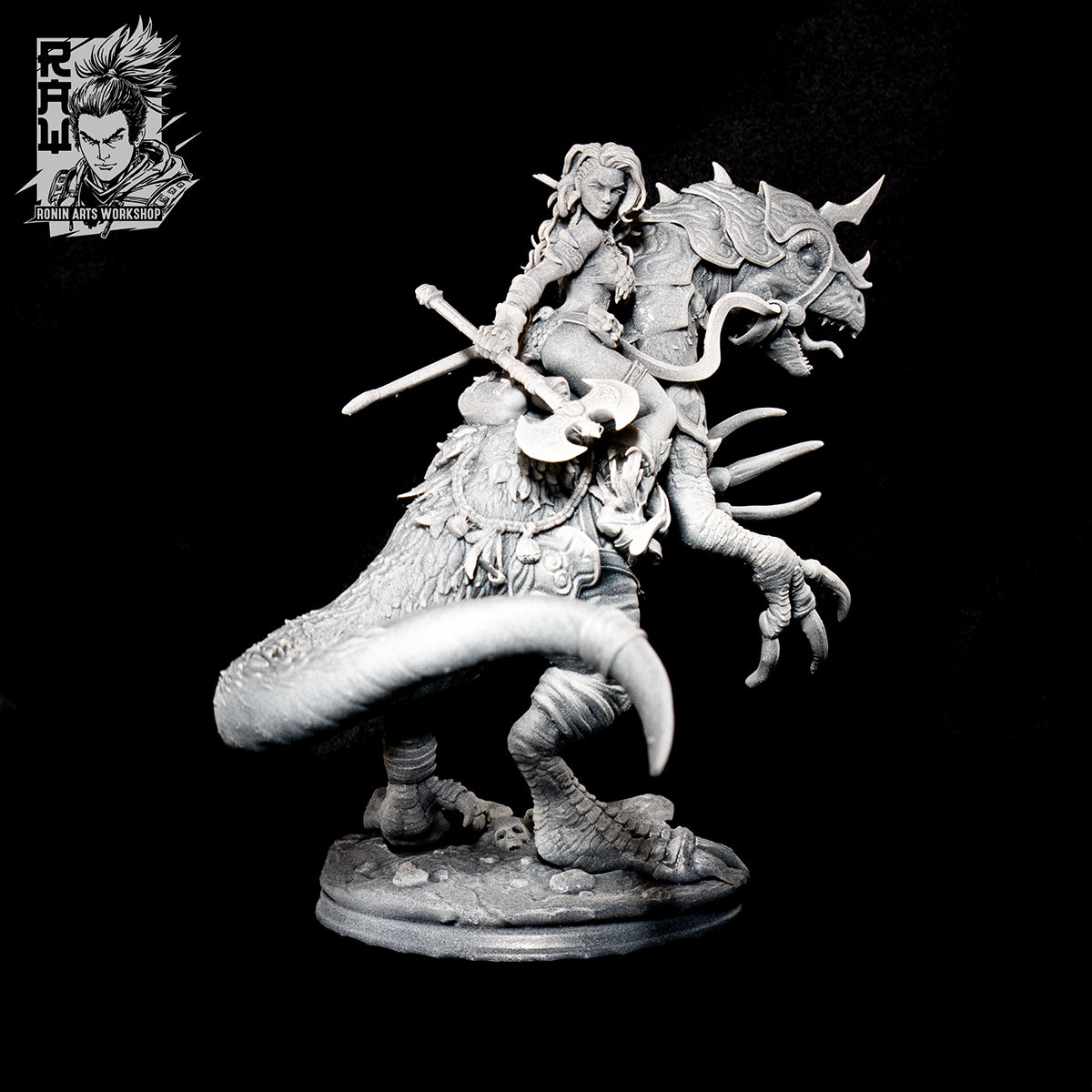 Resin Miniature - Rodica And Dreadclaw - Female Barbarian riding on therizinosaurus