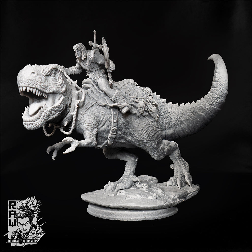 Resin Miniature - Kravos And Gorefang - Barbarian riging on T-Rex