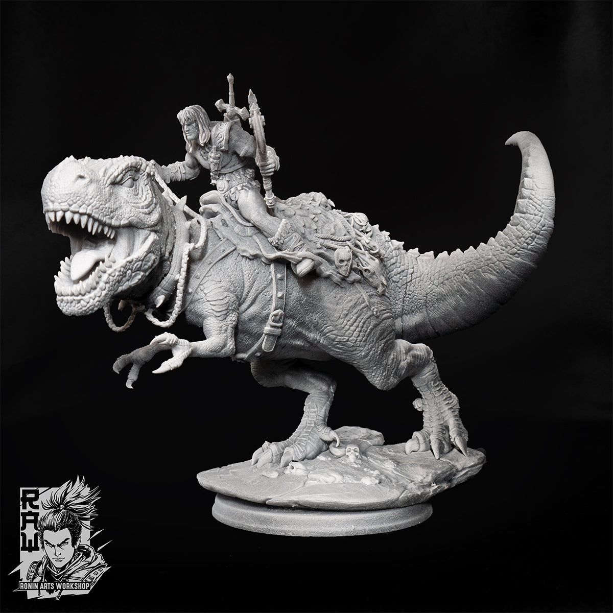 Resin Miniature - Kravos And Gorefang - Barbarian riging on T-Rex