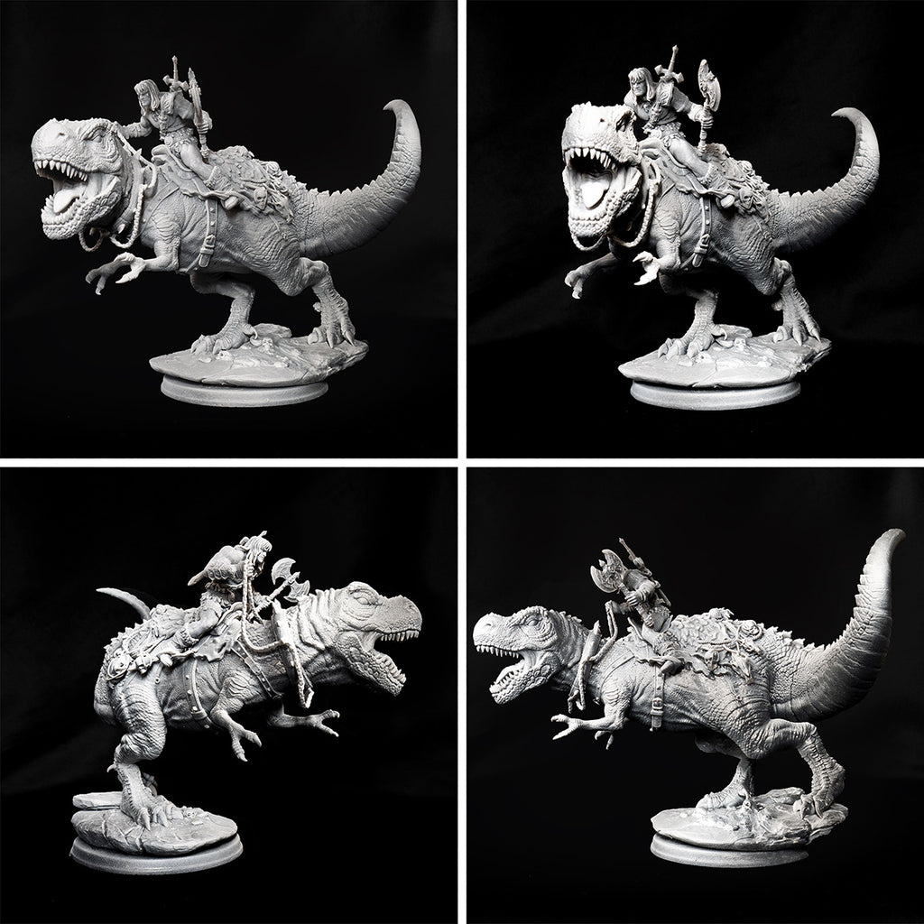 Resin Miniature - Kravos And Gorefang - Barbarian riging on T-Rex