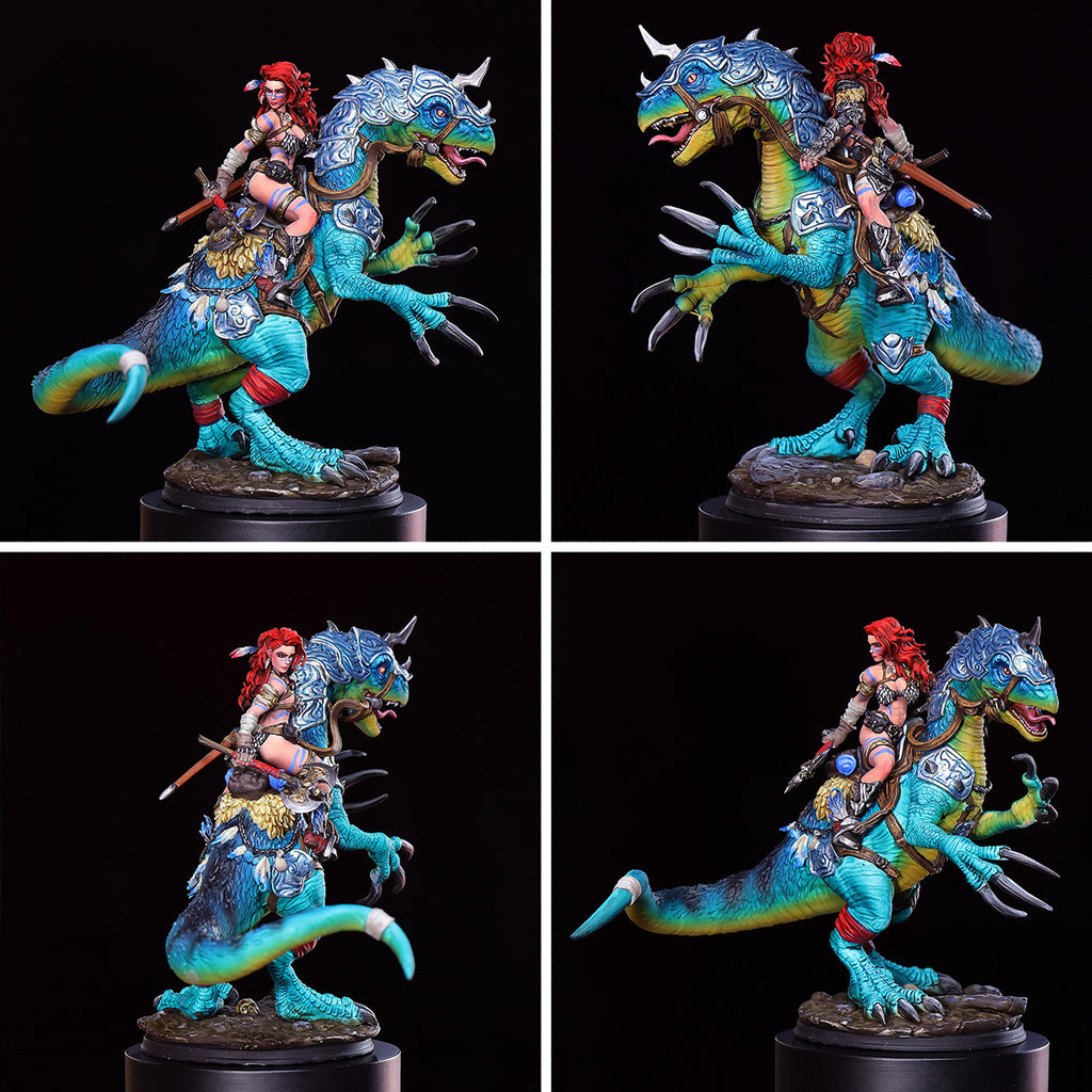 Resin Miniature - Rodica And Dreadclaw - Female Barbarian riding on therizinosaurus