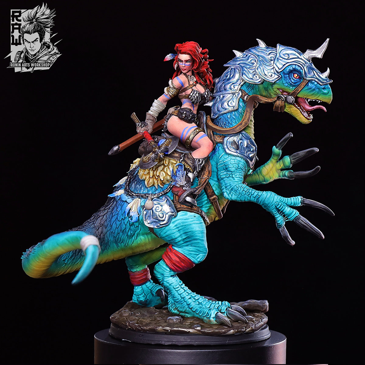 Resin Miniature - Rodica And Dreadclaw - Female Barbarian riding on therizinosaurus